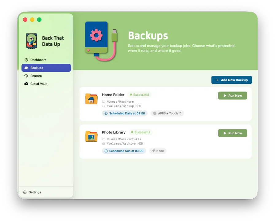 Backups — your jobs, destinations, and schedules