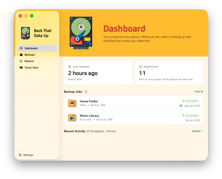 Dashboard — timeline of point-in-time backups
