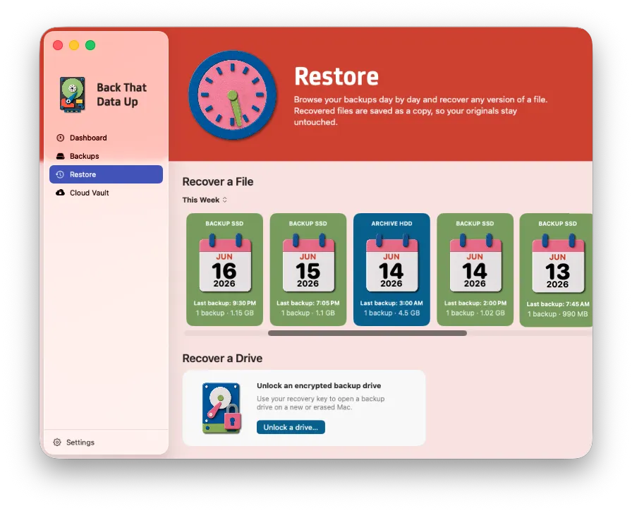 Restore — browse backups day by day