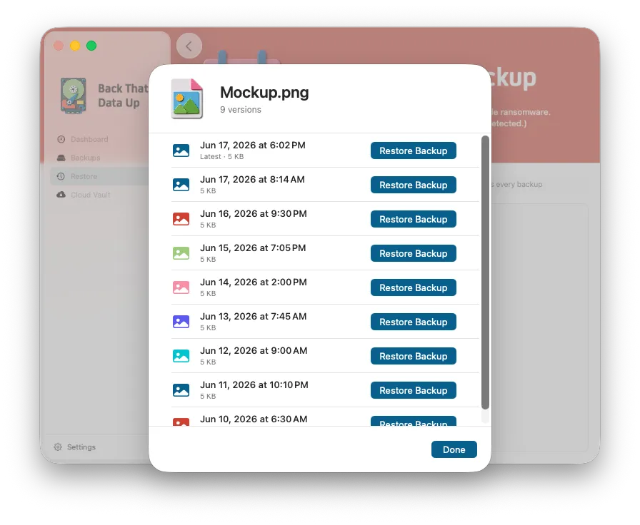 Restore browser — full version history for a file